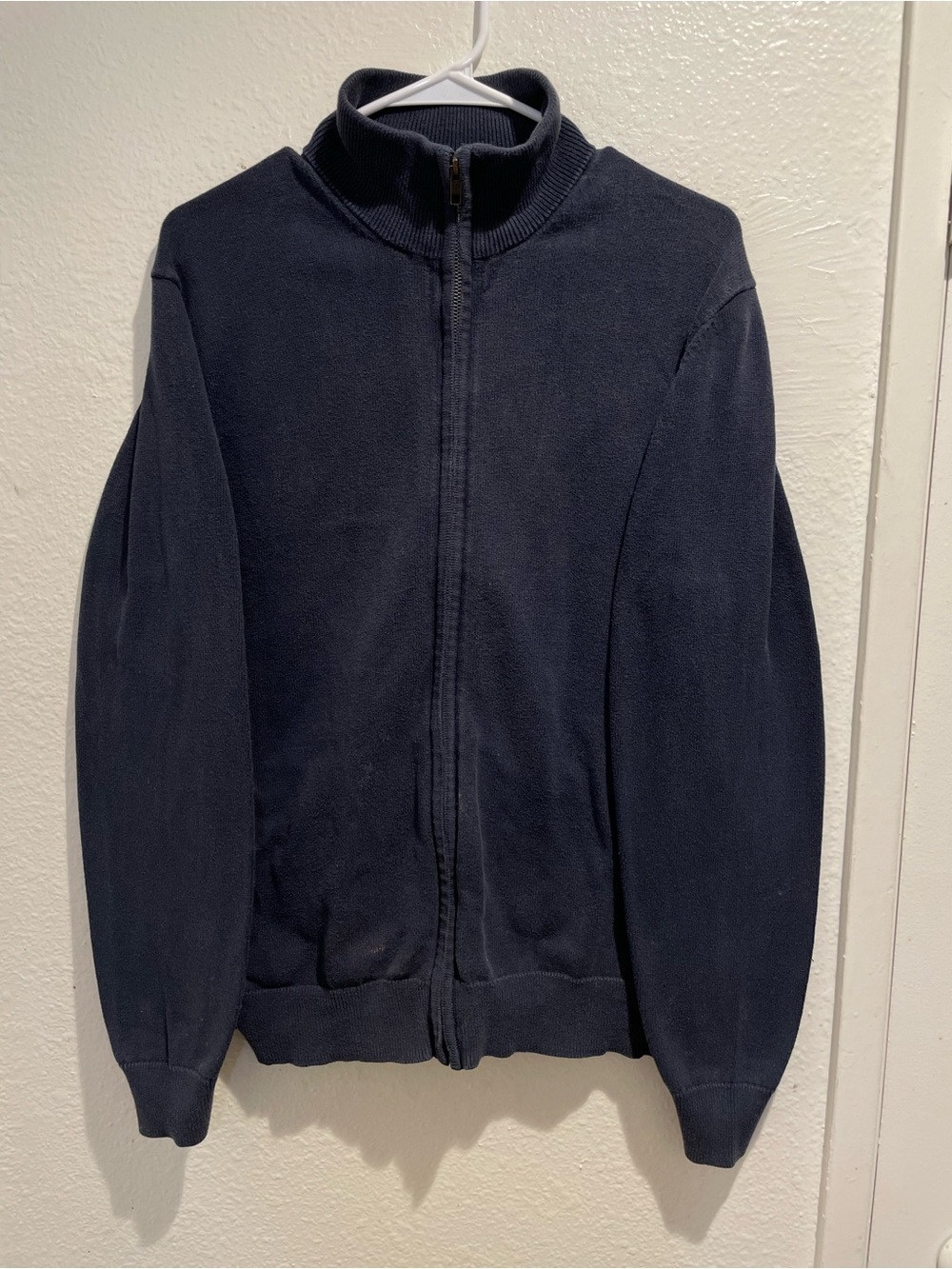 Amazon Essentials Men's Navy Blue Full Zip Mock Neck Knit Cardigan Sweater L